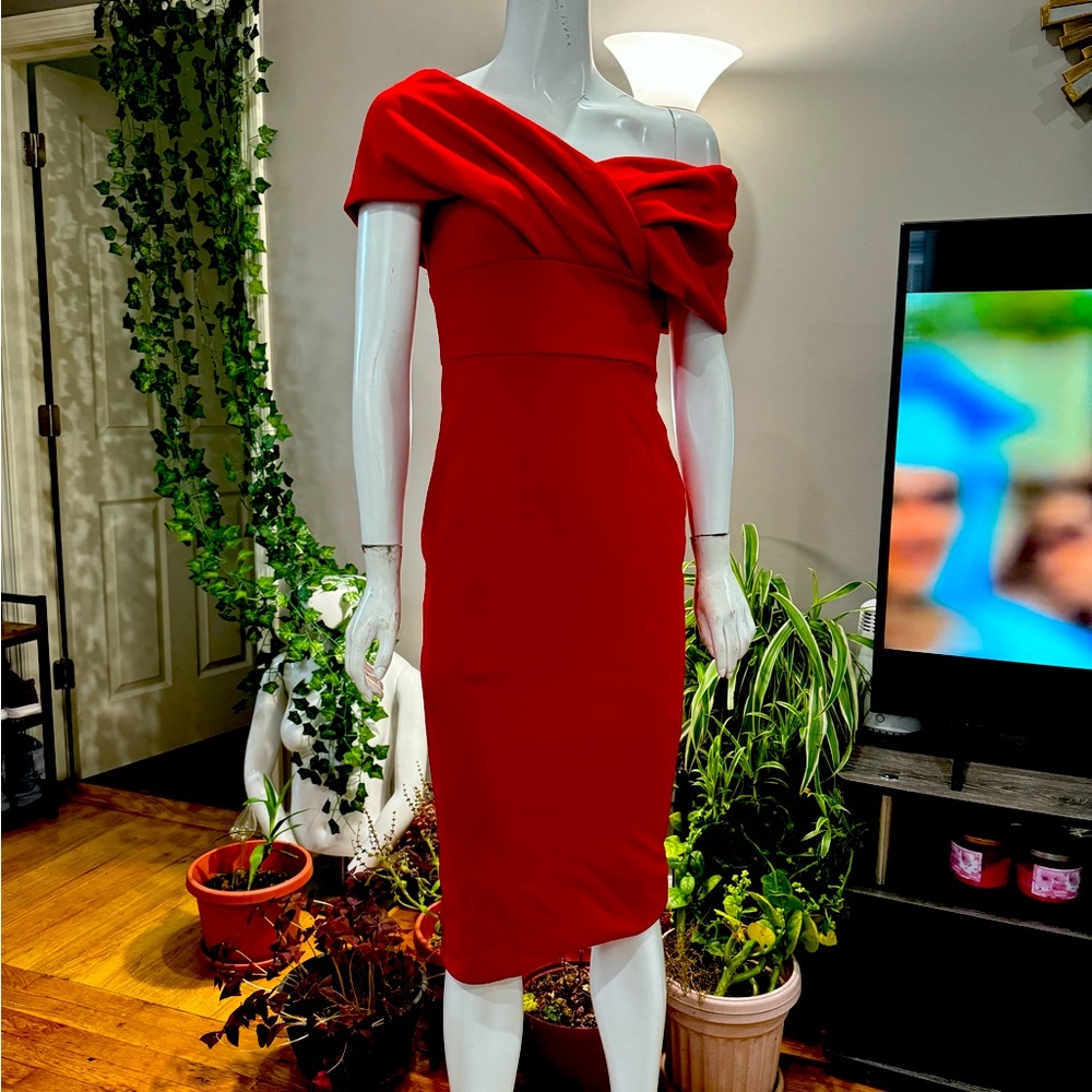 Red a line off shoulder dress
